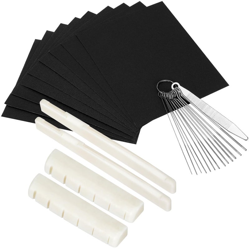 Blisstime 2 Sets (4pcs) 6 String Acoustic Guitar Bone Bridge Saddle and Nut, Made of Real Bone with 9 Pcs Sand Paper, Stainless Steel Needle Files of 13 Sizes - Image 1
